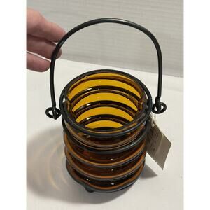 Votive Lantern Candle Holder Amber Glass w/ Black Metal Frame
